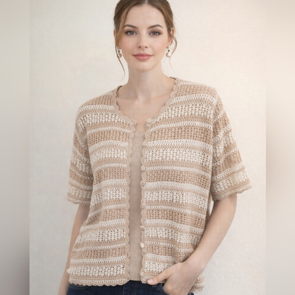 Croft & Barrow Striped Crochet Short Sleeve Cardigan With Built In Tank Top